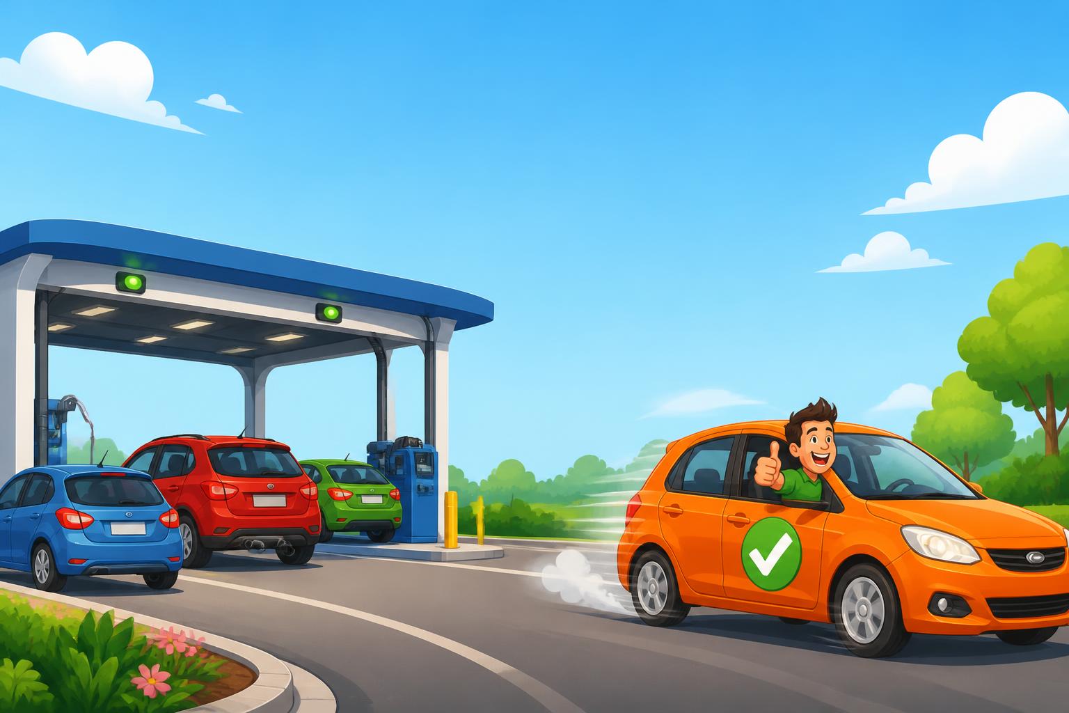 Cartoon of cars pulling into a drive-thru emissions station and speeding out the other side